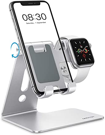 Adjustable Cell Phone Stand for Apple Watch, OMOTON 2 in 1 Universal Apple Watch Charging Dock for Apple Watch Series 5/4/3/2/1 and iPhone SE/11/11 Pro/11 Pro Max/XR/Xs/Xs Max,Silver