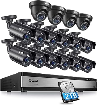 ZOSI 1080p 16 Channel Security Camera System with 2TB HDD, 16PCS 2MP 1080P Weatherproof Surveillance Camera, 16CH H.265  HD-TVI 1080p CCTV DVR,80ft Night Vision,Motion Detection