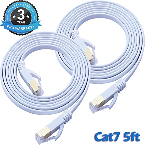 Cat 7 Ethernet Cable 5 ft 2 Pack LAN Cable Internet Network Cord for PS4, Xbox, Router, Modem, Gaming, White Flat Shielded 10 Gigabit RJ45 High Speed Computer Patch Wire.