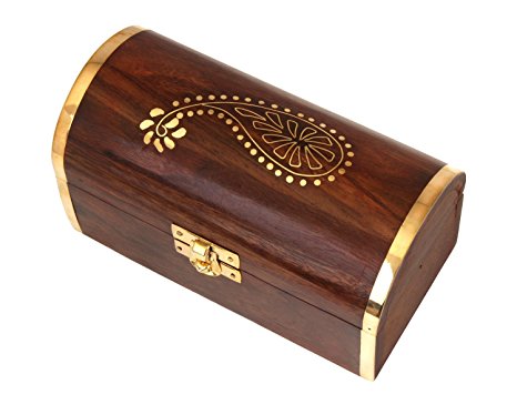 Fine Rosewood Wooden Jewelry Trinket Chest Organizer Keepsake Storage Box with Paisley Brass Inlay