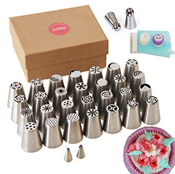 CrownBake PLATINUM 55 Pcs - The most Complete Set of Russian Piping Tips, Icing, Best Value, Perfect Gift For Bakers, Professional Quality Nozzle Kit - Frosting Recipes included