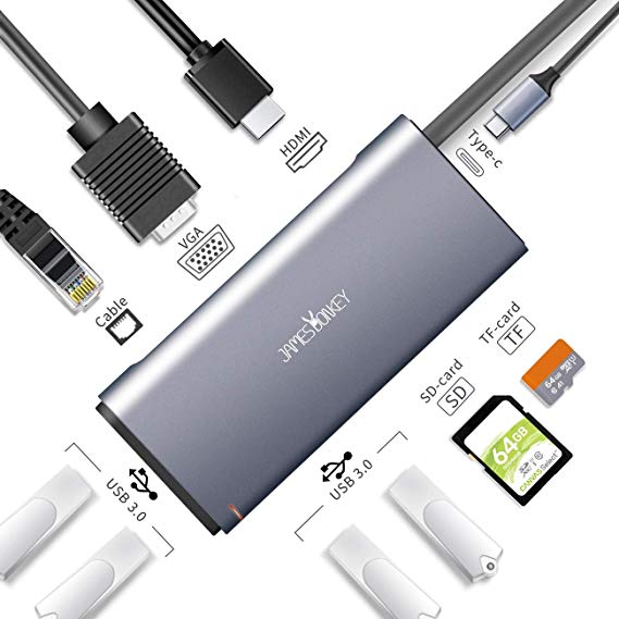 USB C Hub, Pybbo 8 in 1 USB C Adapter, Type C Hub with Ethernet Port, 4K USB C to HDMI, VGA, USB-C 100W Power Delivery, 4 USB3.0, SD TF Card Reader, Works for MacBook/Pro/Air and Type C Windows Laptop