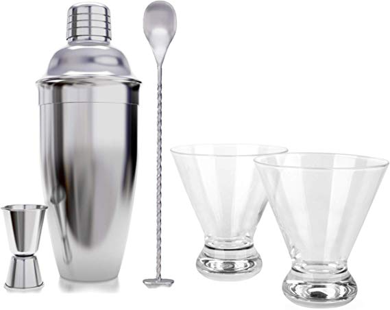 24 Ounce Cocktail Shaker Set with a Set of 2 Stemless Martini Glasses and Cocktail Recipe Guide - The Perfect Christmas Gift - Martini Glasses, Cocktail Mixer, Measuring Jigger and Bar Spoon