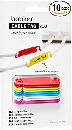 Bobino Cable Tag - 10 Piece Pack - Assorted Colors - Stylish Cable and Wire Management / Organizer