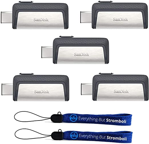 SanDisk Ultra 32GB Dual Drive USB Type-C (Five Pack) Works with Smartphones, Tablets, and Computers (SDDDC2-032G-G46) Bundle with (2) Everything But Stromboli Lanyard