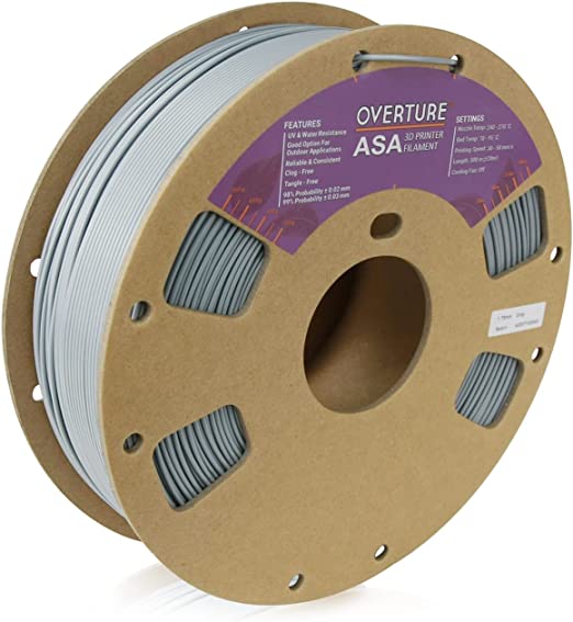 OVERTURE ASA Filament 1.75mm Premium Anti-UV 3D Printer Filament, 1kg Spool (2.2lbs), Dimensional Accuracy  /- 0.03 mm, Fit Most FDM Printer (Gray)