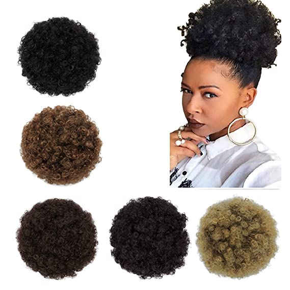 KOODER Synthetic Afro Puff Drawstring Buns Curly Frizzy Ponytail Short Kinky Curly Hair Buns Extension Hairpieces Updo Hair Extensions with Two Clips (Medium,Dark Black-1b#)