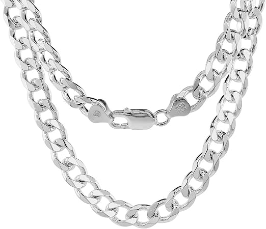 Sterling Silver 8mm Curb Cuban Link Chain Necklaces and Bracelets for Men and Women Beveled Edges Nickel Free Italy 7-36 inch