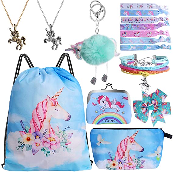 Standie 9PCS Drawstring Backpack for Unicorn Gift for Girls Include Makeup Bag Bracelet Necklace Set Hair Ties for Unicorn Party Favors(Blue)