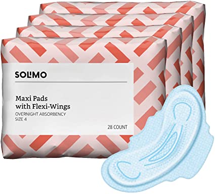Amazon Brand - Solimo Thick Maxi Pads with Flexi-Wings for Periods, Overnight Absorbency, Unscented, Size 4, 112 Count, 4 Packs of 28