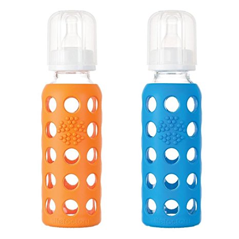 Lifefactory Glass Baby Bottle with Silicone Sleeve 9 Ounce, Set of 2 - Orange/Blue