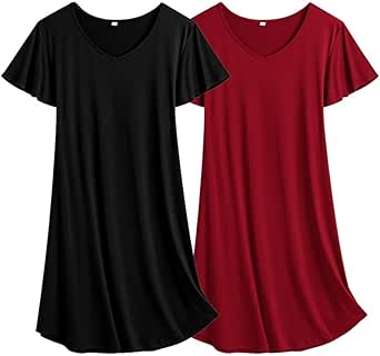 Ekouaer 2 Pack Nightgowns for Women Flare Short Sleeve Sleepshirt V Neck Sleepwear Pajama Dress S-2XL