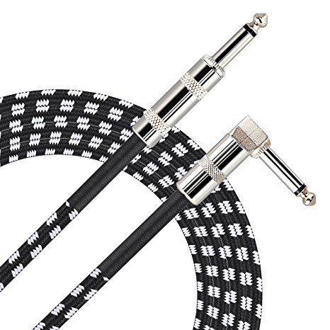 Xcords Guitar Instrument Cable, 10ft 1/4 Inch Straight to Right Angle Nylon Braided Hi-Fi Sound Quality Audio Cable for electric guitar,bass guitar,electric mandolin,pro audio and more(Black White)