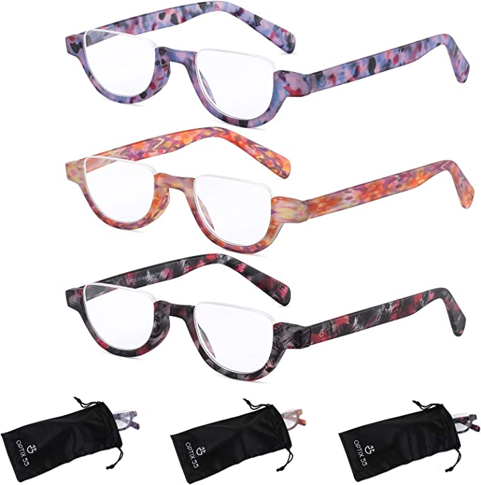 Reading Glasses Women | 3 Pack Fashion Readers Half Moon Frame with Spring Hinge