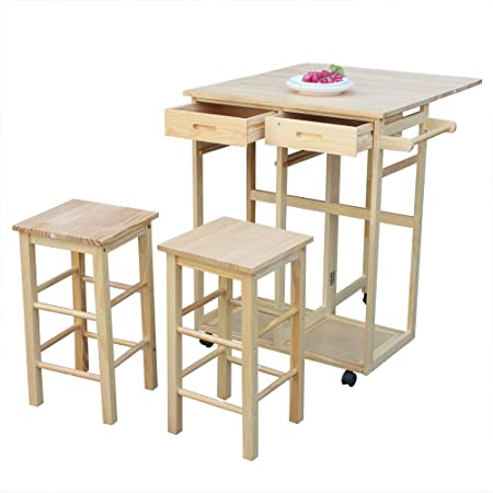 Pumpumly Wood Kitchen Rolling Cart Set - Space Saving Folding Table w/ 2 Stools and 2 Drawers - 3-Piece Table Dinning Set Breakfast Bar Kitchen Island Trolley Cart