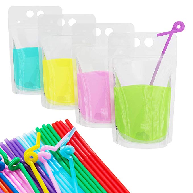100 Pcs Stand-Up Plastic Drink Pouches Bags with 100 Drink Straws, Zipper Clear Heavy Duty Hand-Held Translucent Reclosable Heat-Proof Bags for Smoothie, Cold & Hot Drinks
