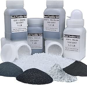 4 LBS Rock Tumbler Grit Media 5 in 1 Kit,Inculd 4 Steps Rock Polishing Grits   2 Bottles Refill Plastic Pellets for Reduce noise and rock damage,Work with Any Brand Rock Tumbler, Rock Polisher