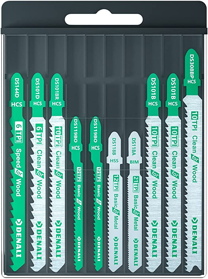 Amazon Brand - Denali T-Shank Jig Saw Blade for Wood and Metal(10T CRV, 21T HSS, 12T HSS, 6T CRV, 6T CRV, 10T CRV, 12T CRV, and 10T BIM), 30-Pieces