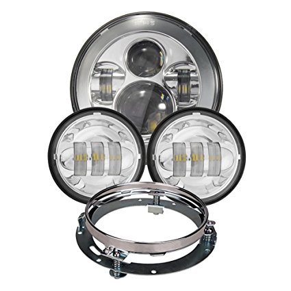 Chrome Harley Daymaker 7inch LED Headlight with 4.5inch Matching Chrome Passing Lamps for Harley Davidson Motorcycles with Adapter Ring