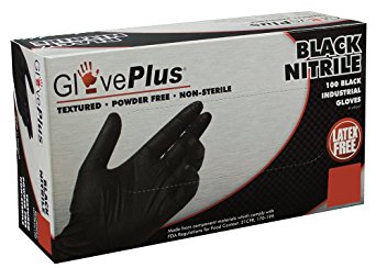 Ammex GPNB44100 GlovePlus Powder Free Nitrile Gloves, 230mm Length, Beaded Cuff, Medium, Pack of 100 (Black)