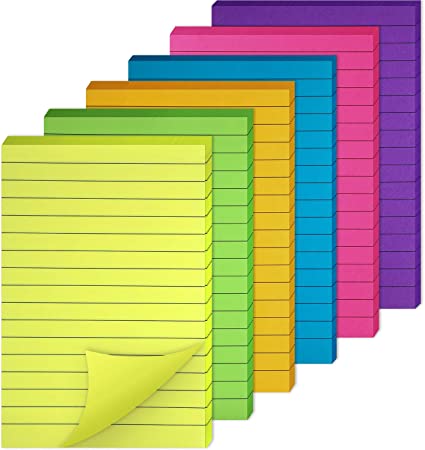 6 Pieces Sticky Notes Lined Self Sticky Notes Lined Colorful Lined Post Memos for Office, School and Home, 50 Sheets (Bright Neon Colors, 4 x 6 Inch)