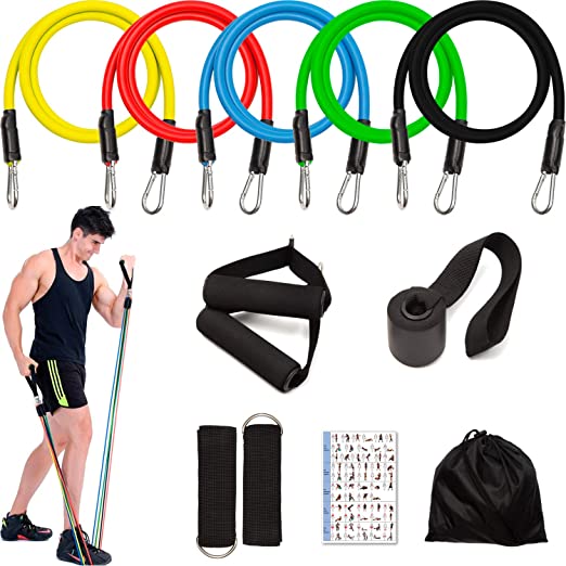 NEOVIVA 11 Pack Resistance Bands Set Exercise Bands with 5 Stackable Fitness Tubes, Handles, Ankle Straps, Door Anchor, Carry Bag, User Manual for Men & Women, Physical Therapy, Home Workouts, Yoga