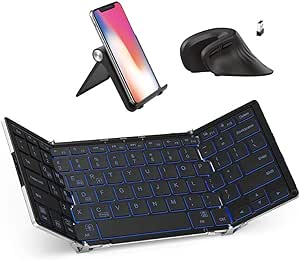 iClever BK05 Bluetooth Keyboard with 3-Color Backlight, Bluetooth 5.1 Multi-Device Foldable Keyboard with Aluminum Alloy Base Ergonomic Mouse - Wireless Vertical Mouse 6 Buttons