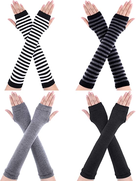 4 Pairs Long Fingerless Gloves Warmer Thumbhole Elbow Length Gloves for Women (Color Set 1)