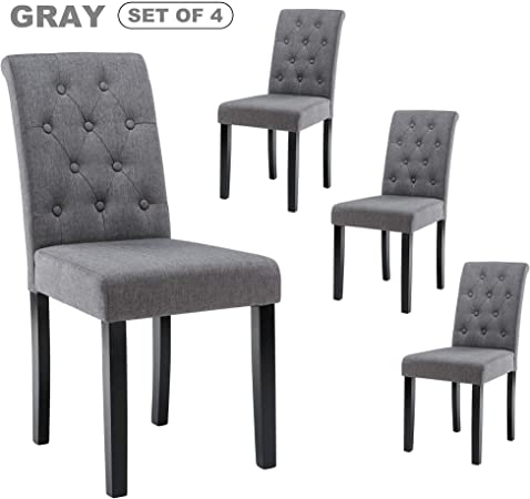 LSSBOUGHT Button-Tufted Upholstered Fabric Dining Chairs with Solid Wood Legs, Set of 4 (Gray)