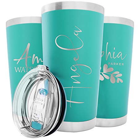 Personalized Tumblers w/Splash Proof Lid - 20 oz, Teal - 18 Designs - Vacuum Insulated Travel Coffee Mugs - Stainless Steel Double Wall Thermos - Personalized Cups, Hot and Cold Drink Use