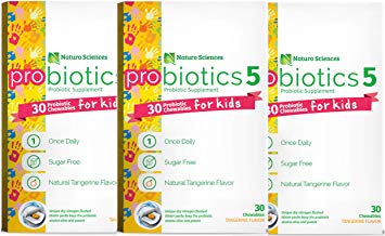 Naturo Sciences, Chewable Kids Digestive Probiotics, Nitrogen Filled Blister Packs for Product Freshness, 30 Once Daily Sugar Free Natural Tangerine Flavor - Pack of Three