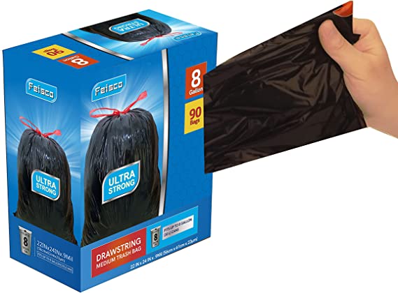 Feisco 8 Gallon Black Trash Bag,30L Drawstring Garbage Bag Trash Can Liner,90 Counts,0.9 Mil (8 Gallon, Black)