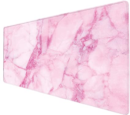 POKABOO Large Gaming Mouse Pad with Stitched Edges, XL XXL Pink Marble Mouse Pad Keyboard Mat Pad for Laptop Work & Gaming& Office & Home (31.5×11.8×0.15 inch) (Pink Marble)