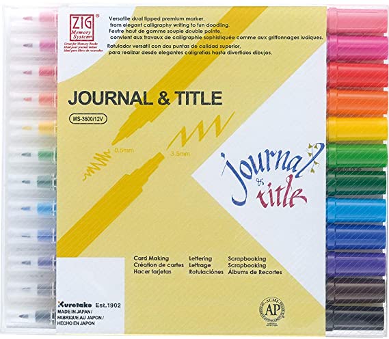 Kuretake ZIG JOURNAL & TITLE 12 Colors Set, Dual Tip Markers, 0.5mm, 3.5mm, AP-Certified, No mess, Photo-Safe, Acid Free, Lightfast, Odourless, Xylene Freeing, For Beginners, Made in Japan