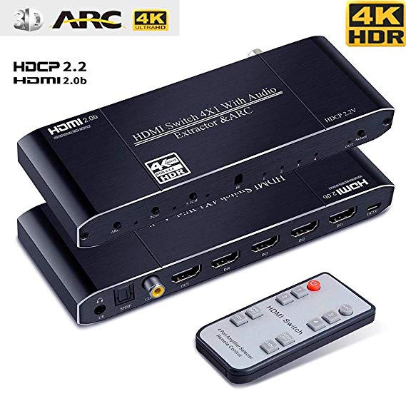 HDMI Switch 4 in 1 Out,Anbear HDMI to Toslink Coaxial 3.5mm Audio Out with IR Remote Control, HDMI 2.0b Switch Hub 4K 60Hz Support ARC Function HDCP 2.2 for Xbox/ PS4/Blu-Ray Player/DTS/Dolby-AC3/