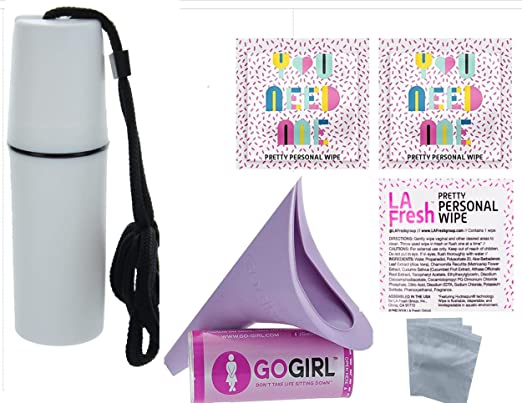 Go Girl Female Urination Device, Lavender & Waterproof for Spills & Splashes Tote Holder. LA Fresh Feminine Natural Wipes & Extra Zip Baggies 5 Tote Color Choices (White Tote)