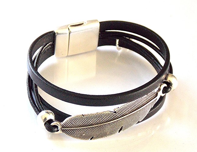 Leather Bracelets, Silver Feather, Magnetic Clasp Bracelet, Uno de 50 Style