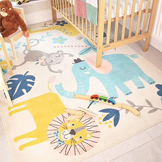 Animal Jungle Safari Children’s Bedroom Playroom Nursery Small Rug Soft Luxury Giraffe Elephant Monkey Lion Boys Girls Baby Multi-coloured Rugs 80cm x 150cm