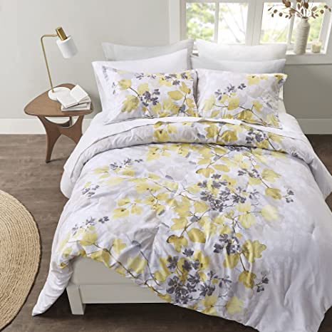 Comfort Spaces Bed in A Bag - Trendy Casual Design Cozy Comforter with Complete Sheet Set with Side Pocket, All Season Cover, Matching Shams, Queen(90"x90"), Nina, Floral Yellow/Grey 9 Piece