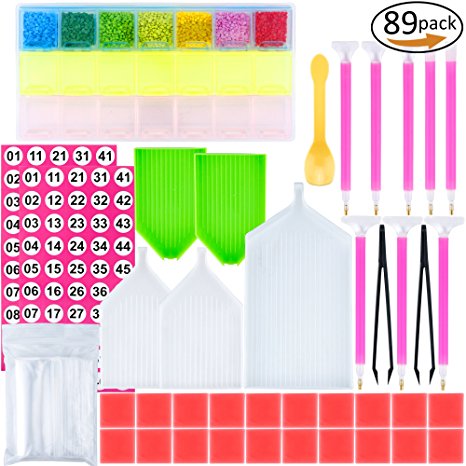 89 Pieces DIY Diamond Painting Set Including Diamond Quick Point Pen,Glue,Plastic Tray,Plastic Tweezer Label Stickers and Diamond Embroidery Box