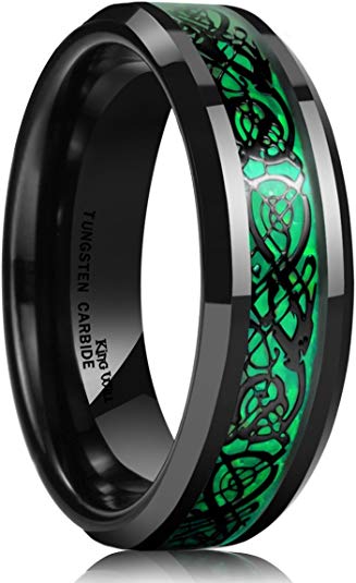 King Will Dragon Men's 5mm/8mm Green Carbon Fiber Black Celtic Dragon Tungsten Carbide Ring