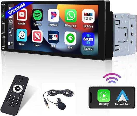 Hikity Radio de Coche 1 DIN Apple CarPlay Inalámbrico Android Auto Inalámbrico, 6,9" Pantalla Táctil con Bluetooth Enlace Espejo Radio FM USB SWC Mic SWC   Cámara de Marcha Atrás