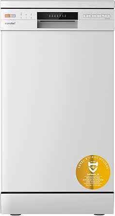 COMFEE' Freestanding Dishwasher CDWEF1034BW-UK 45cm Width, Slimline Dishwasher with 10 place settings, Quick Wash, Hygiene Wash, Delay Start, Half Load, Adjustable Basket - White