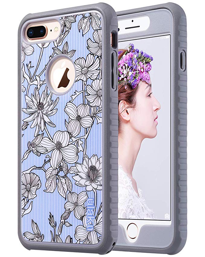 ULAK iPhone 8 Plus Case, Floral Heavy Duty Shockproof Flexible TPU Bumper Durable Anti-Slip Lightweight Front and Back Hard Protective Safe Grip Cover for Apple iPhone 8 Plus (Pinstripes Flowers)