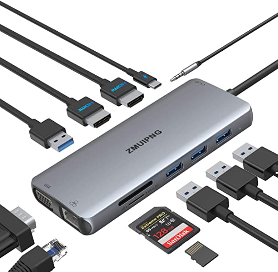 USB C Hub Docking Station,Docking Station Dual HDMI Monitor Adapter Triple Display USB C to Dual HDMI,VGA,Ethernet,2USB3.0,2 USB2.0,PD,SD/TF, Audio for Dell XPS 13/15, Lenovo Yoga,HP x360