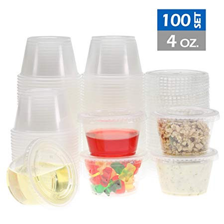 Freshware YH-4CUP100 Plastic Disposable Portion Lids, 4-Ounce, [100 Sets] -Souffle, Sampling, Sauce, Slime, Jello Shot Cups, 4 oz, 2 oz