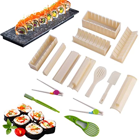 Holly LifePro Home Diy Deluxe Edition Sushi Making Kit with Complete 10 Pieces Plastic Tool,Avocado Slicer,2 pairs Learning Chopsticks,Sushi set Cleaning Brush