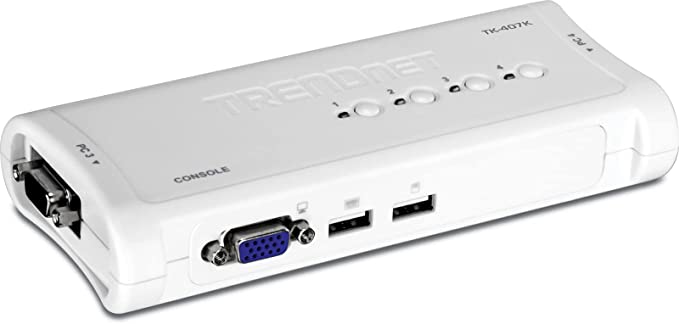 TRENDnet 4-Port USB KVM Switch Kit, VGA and USB Connections, 2048 x 1536 Resolution, Cabling Included, Control Up to 4 Computers, Compliant with Window, Linux, and Mac OS, White, TK-407K