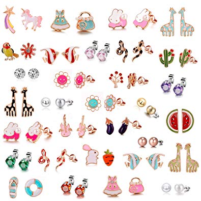 TAMHOO 30 Pairs Gold Plated Stainless Steel Post Small Cute Multiple Animal Faux Pearl Stud Earrings Set for Girls Kids