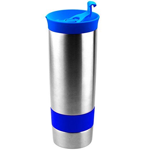 Asobu The Hot coffee and tea press Vacuum Insulated Travel Mug, 16 ounce, Stainless Steel, Blue